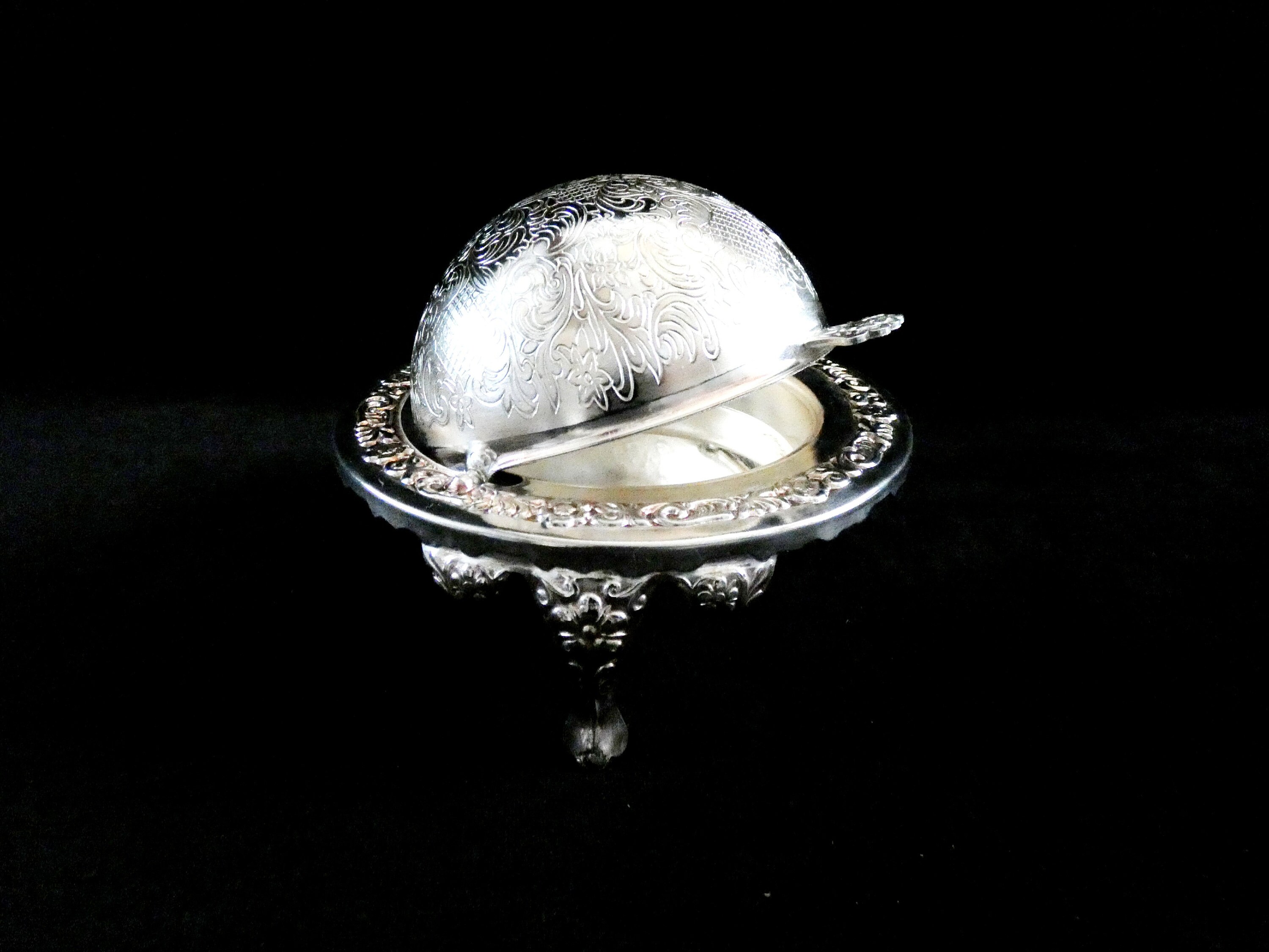 Vintage English Butter Dish, Revolving Lid, Caviar Serving Bowl, Silver