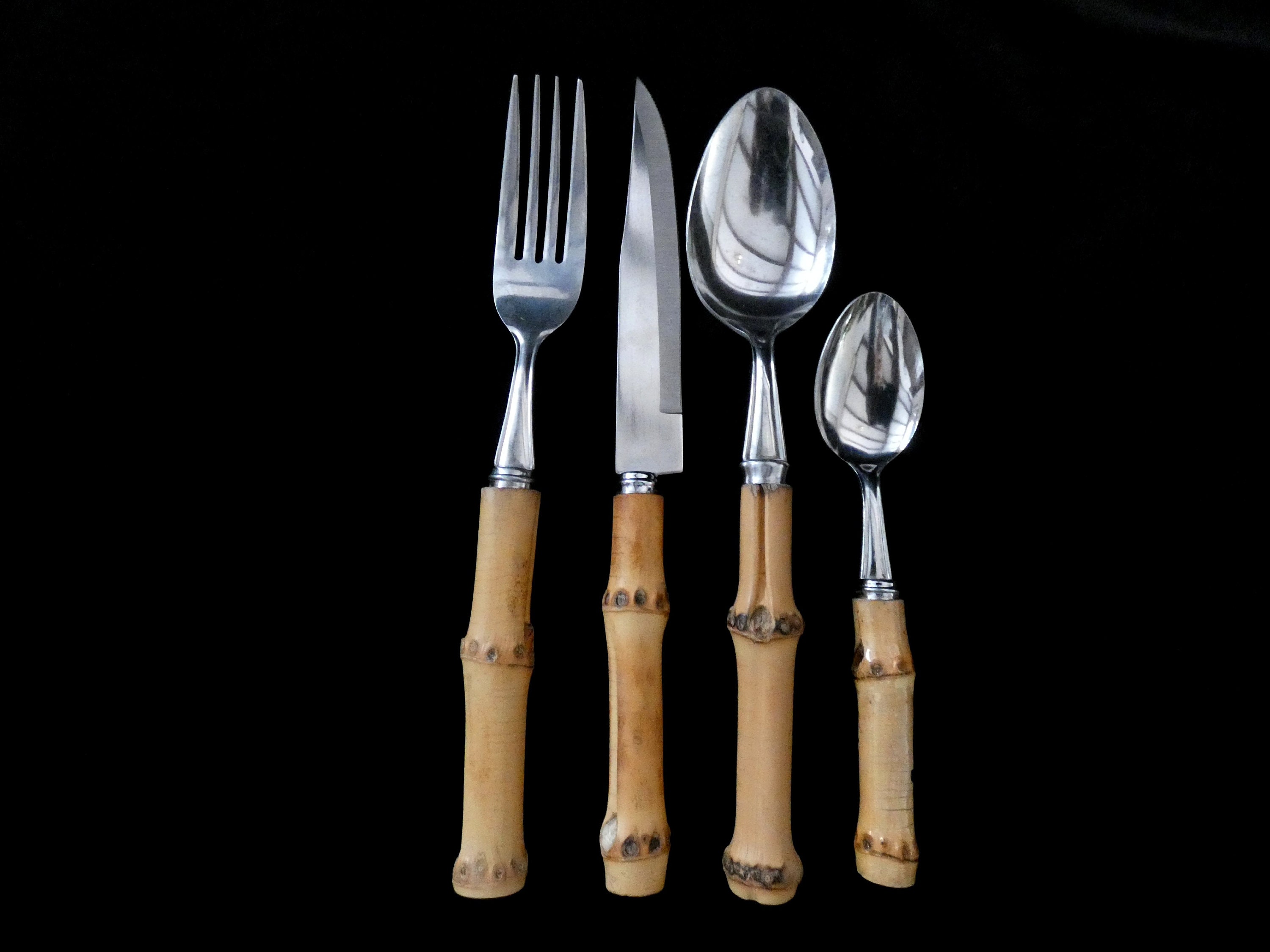 24 Vintage French Bamboo Handle Flatware, Bamboo Handle Cutlery Set, Natural Bamboo and