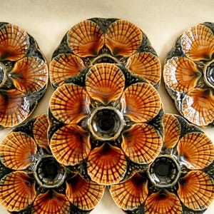 6 Vintage Sarreguemines France Oyster Plates Brown Majolica Ceramic Oyster Platters Mid century Seafood Dishes