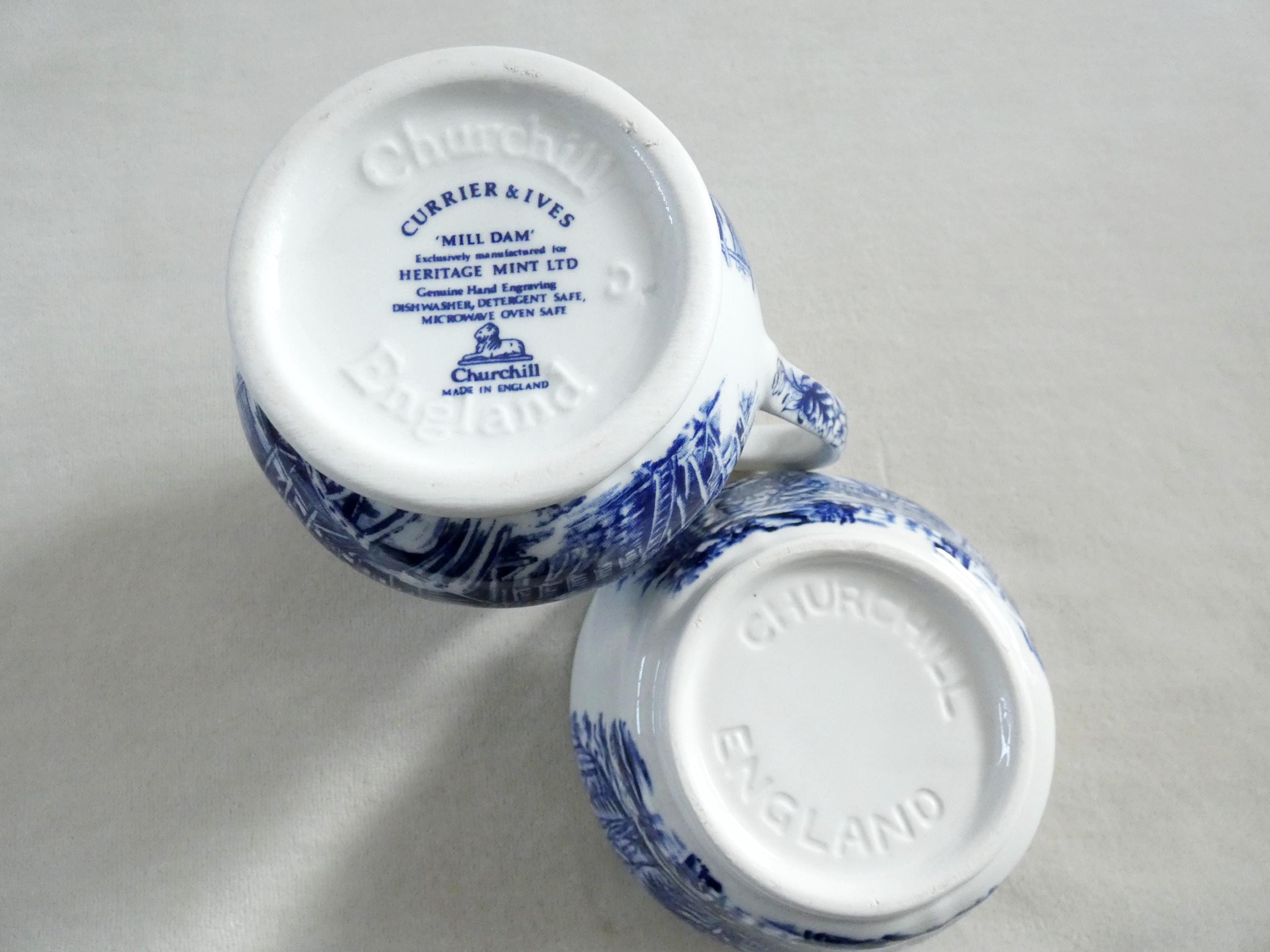 Vintage England Coffee Set Churchill Currier and Ives Blue White 