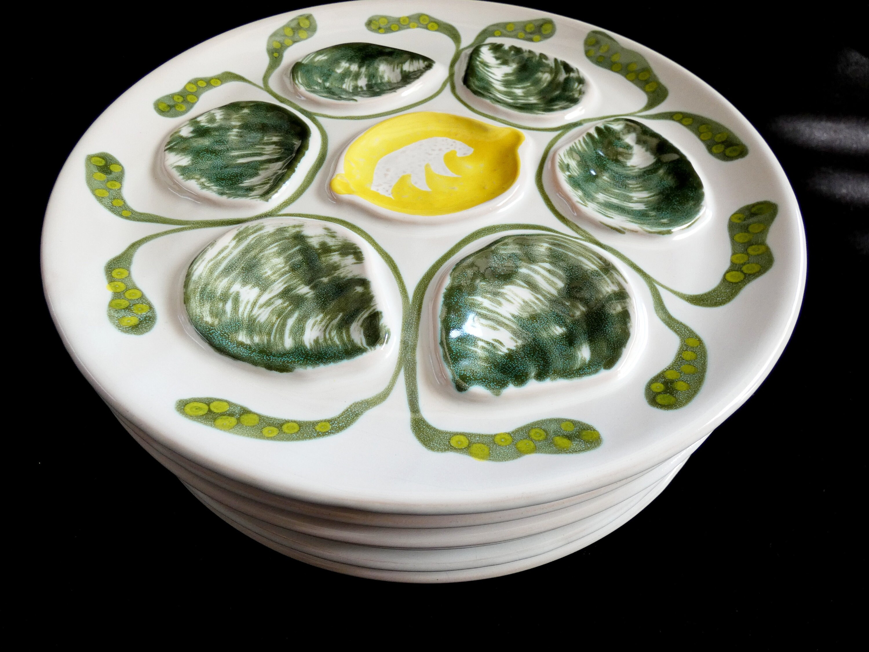 6 Vintage French MBFA Pornic Oyster Plates, Majolica Barbotine Oyster Pottery, Hand Painted
