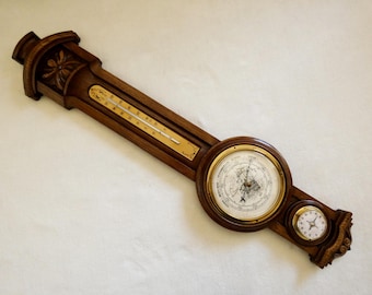 XL Vintage Armond Pien Barometer, Thermometer, Hygrometer Weather Station: Mid Century Wood Decor