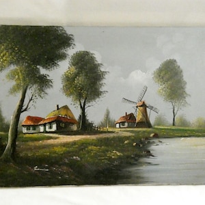 20&quot;/27&quot; Vintage Original Oil on Canvas Farm Landscape Windmill River Oil Painting