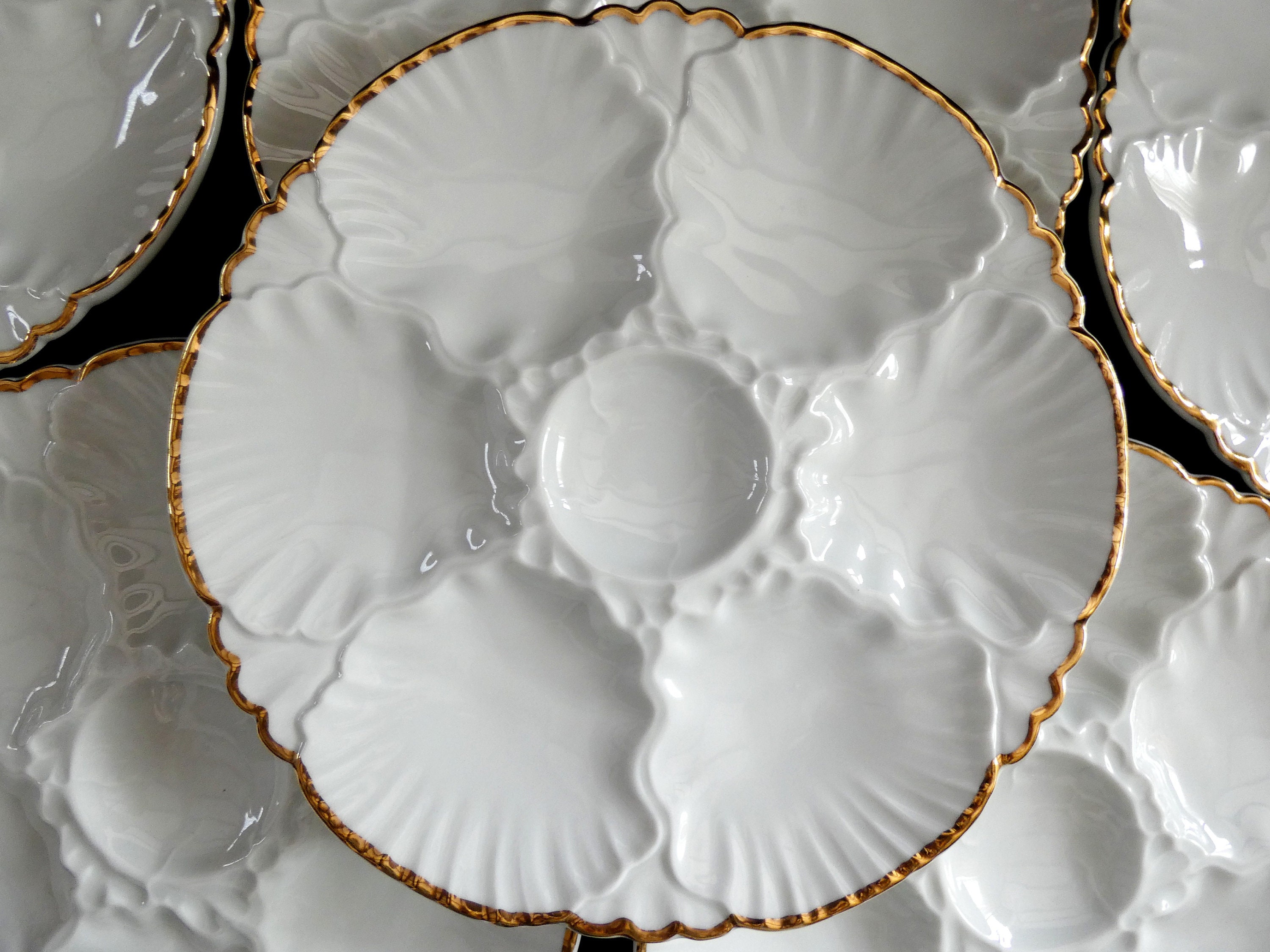 Baudour Oyster Plates Porcelaine Cerabel Vintage Belgian White and Gold