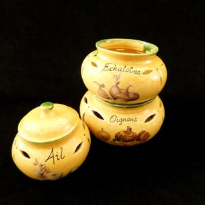 3 French Vintage Storage Jars Yellow Majolica Ceramics Nesting Kitchen Containers Mid century Country Farmhouse Decor 60s
