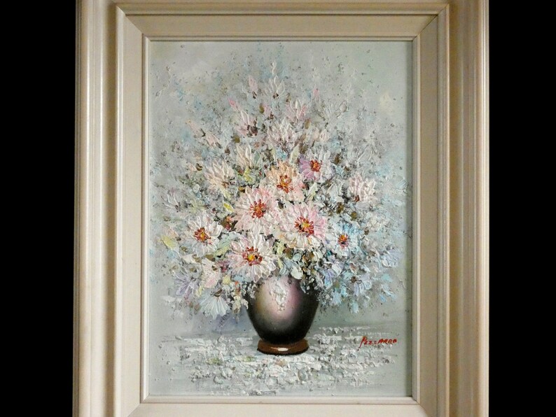 Original French Oil Painting Still Life by Pizzarro Flowers on Canvas