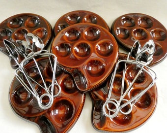 6 Vintage St Clement Escargot Plates French Brown Majolica Ceramic Snail Platters 6 Eternum Stainless Steel Snail Tongs Belgium