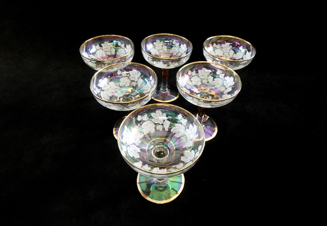 Mid-Century French Champagne Coupes: Crystalline Glass, White Decoration, Gold Rim, Set of 6