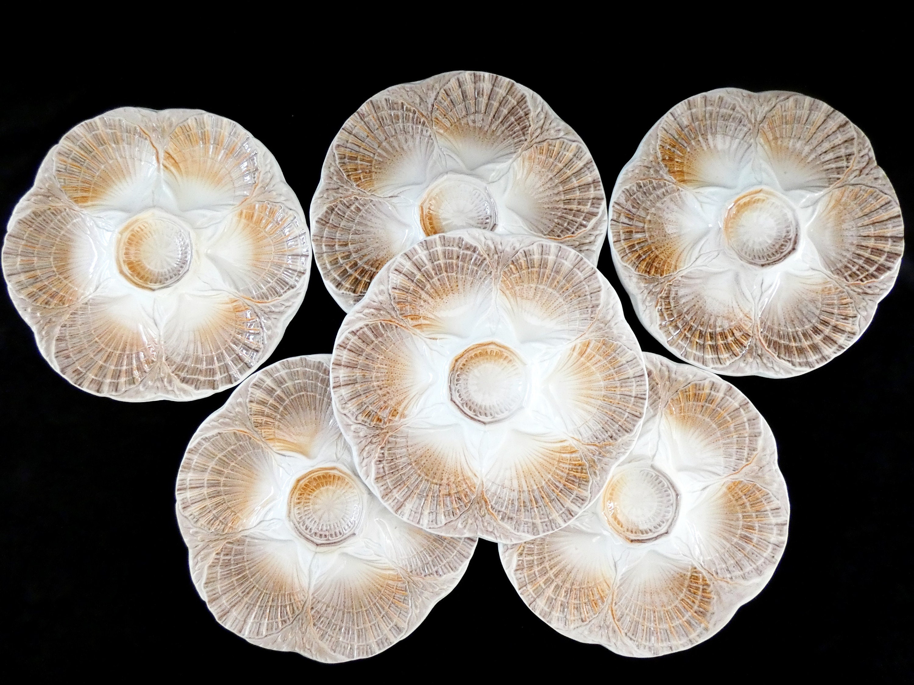 6 Sarreguemines Oyster Plates, Vintage Majolica Oyster Platters, French Barbotine Pottery