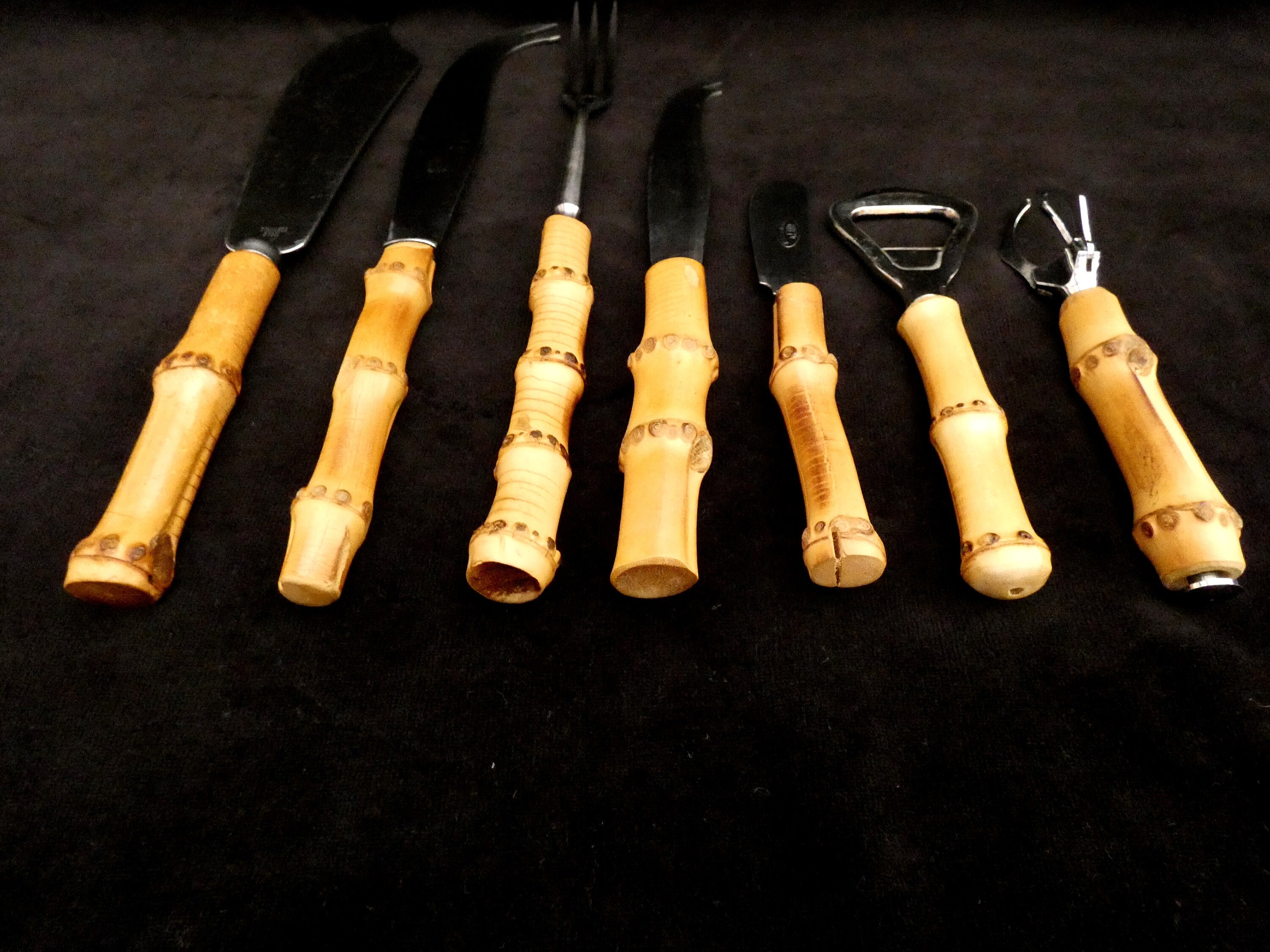 7 Bamboo Handle Serving set, Vintage Natural Bamboo Handle Cutlery and