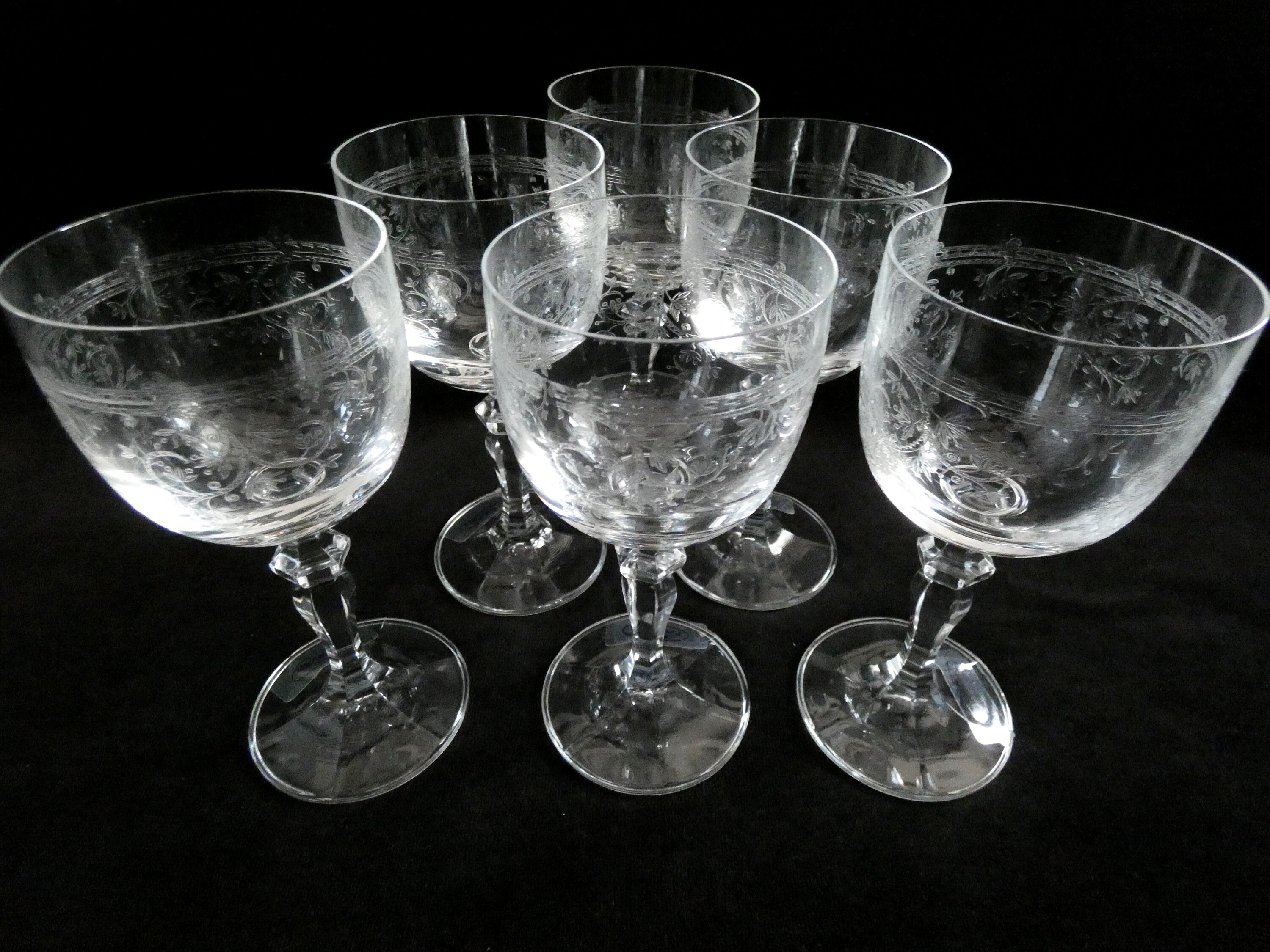 Vintage Etched Crystal Wine Glasses, French Crystal Glasses, Retro Wine