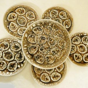 Puede incluir: Un juego de seis platos de cerámica con un diseño único. Cada plato presenta un patrón moteado marrón y blanco, con una serie de formas irregulares en relieve en el centro. Los platos tienen un borde ligeramente elevado y un acabado brillante.