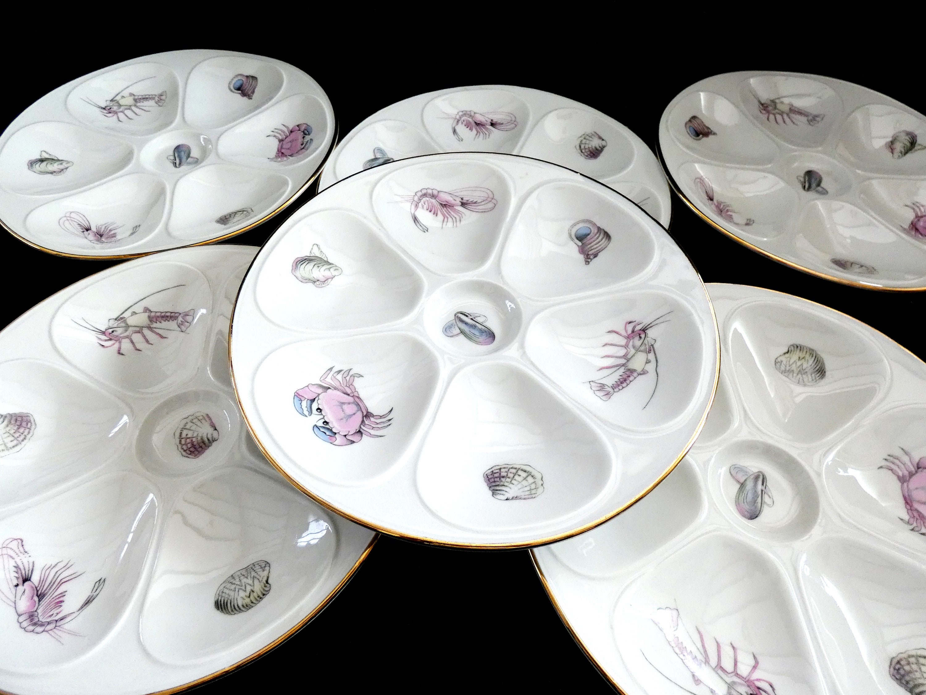 6 Antique Limoges Oyster Plates, Veritable Limoges Porcelain Oyster