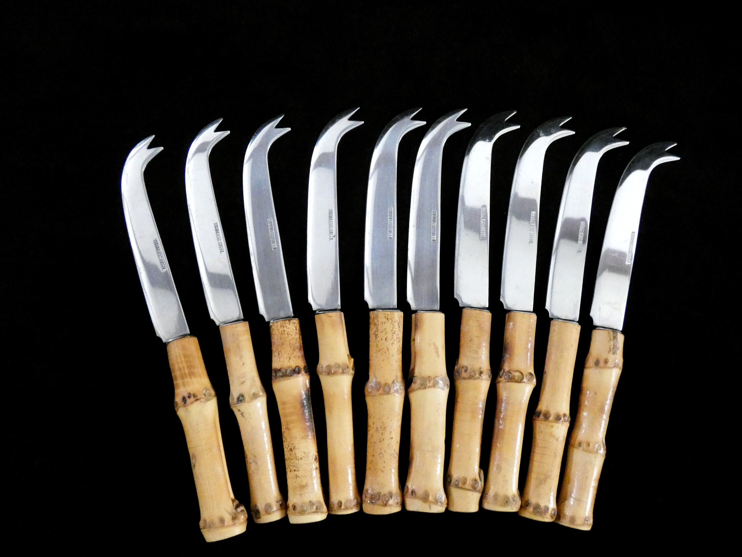 10 French Bamboo Handle Cheese Knives, Vintage Bamboo Fruit Knives