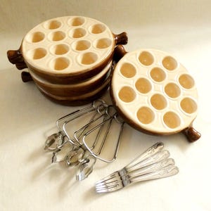 Vintage French Snail Serving Set 4 Escargot Cooking Plates Stainless Steel Snail Tongs Escargot Forks Mid sentury Earthenware Ironstoneware