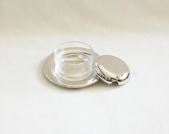 Juego de servir caviar italiano vintage: cuenco de cristal BFM bañado en paladio.