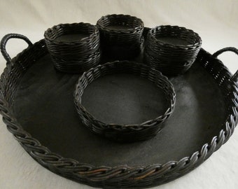 Large French Wicker Tray: Vintage Woven Rattan Coasters Serving Set