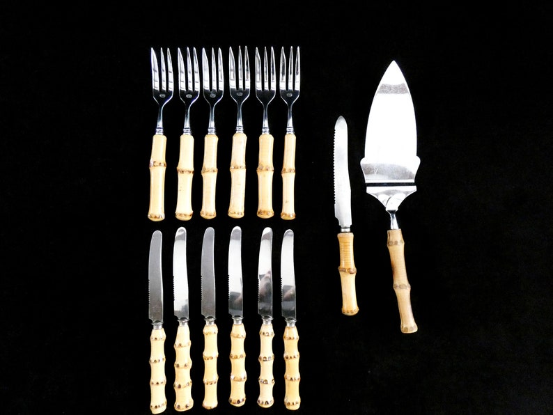 14 pcs Bamboo Handles Dessert Cutlery Solingen Cutlery Handmade Bamboo Handles Cake Set and Stainless Steel 70s