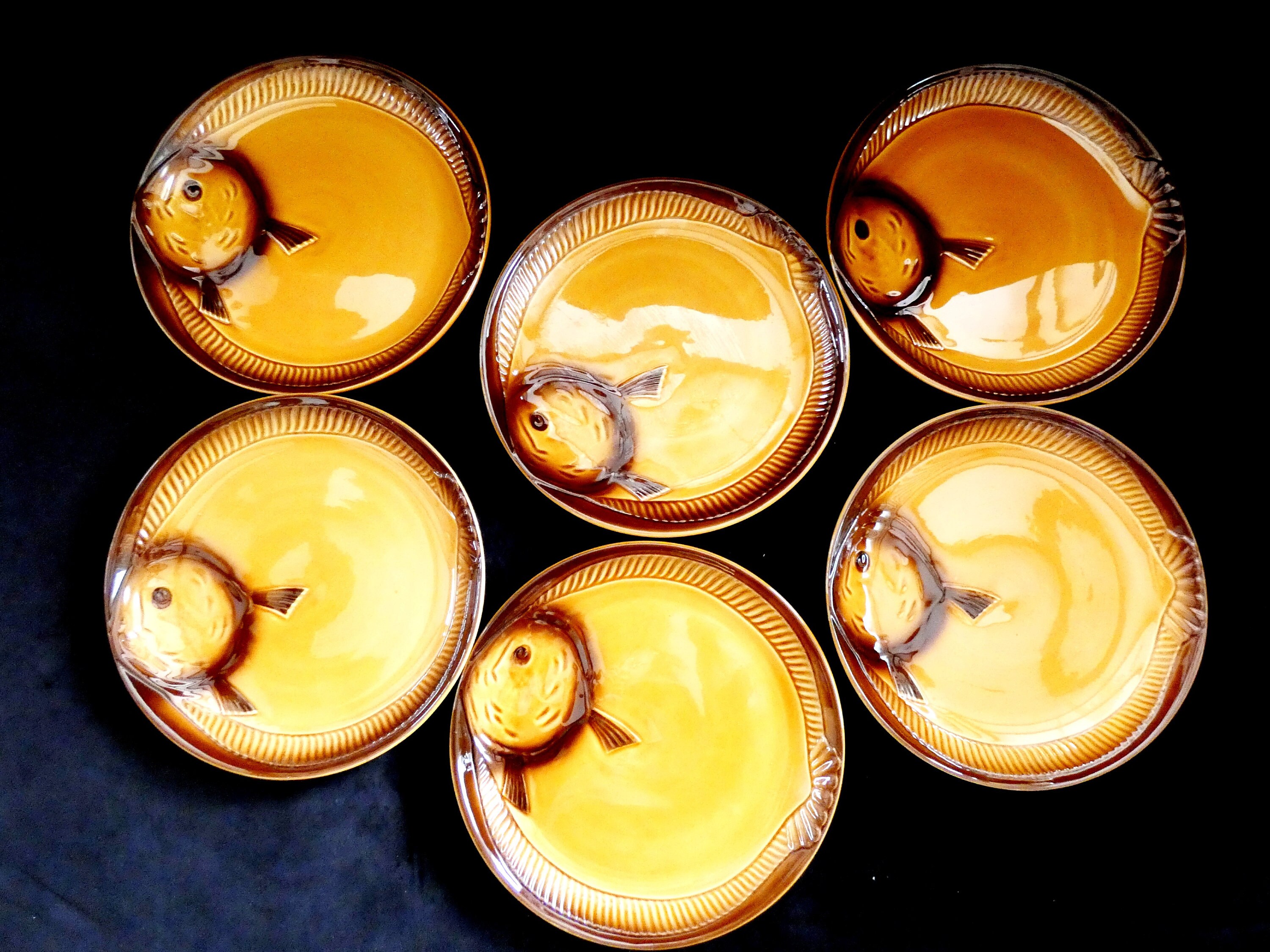 6 French Majolica Fish Plates Moulin Des loups, Orchies Fish Serving