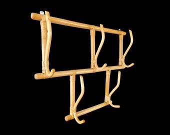 Vintage French Bamboo Coat Rack Wall Bentwood Rattan Hat Hooks Mid century Entryway Organizer
