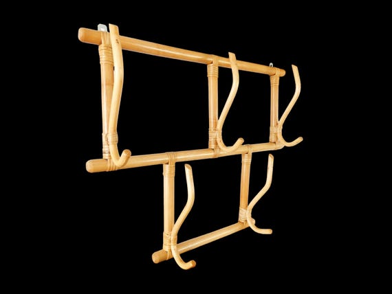 Vintage French Bamboo Coat Rack Wall Bentwood Rattan Hat Hooks Mid century Entryway Organizer