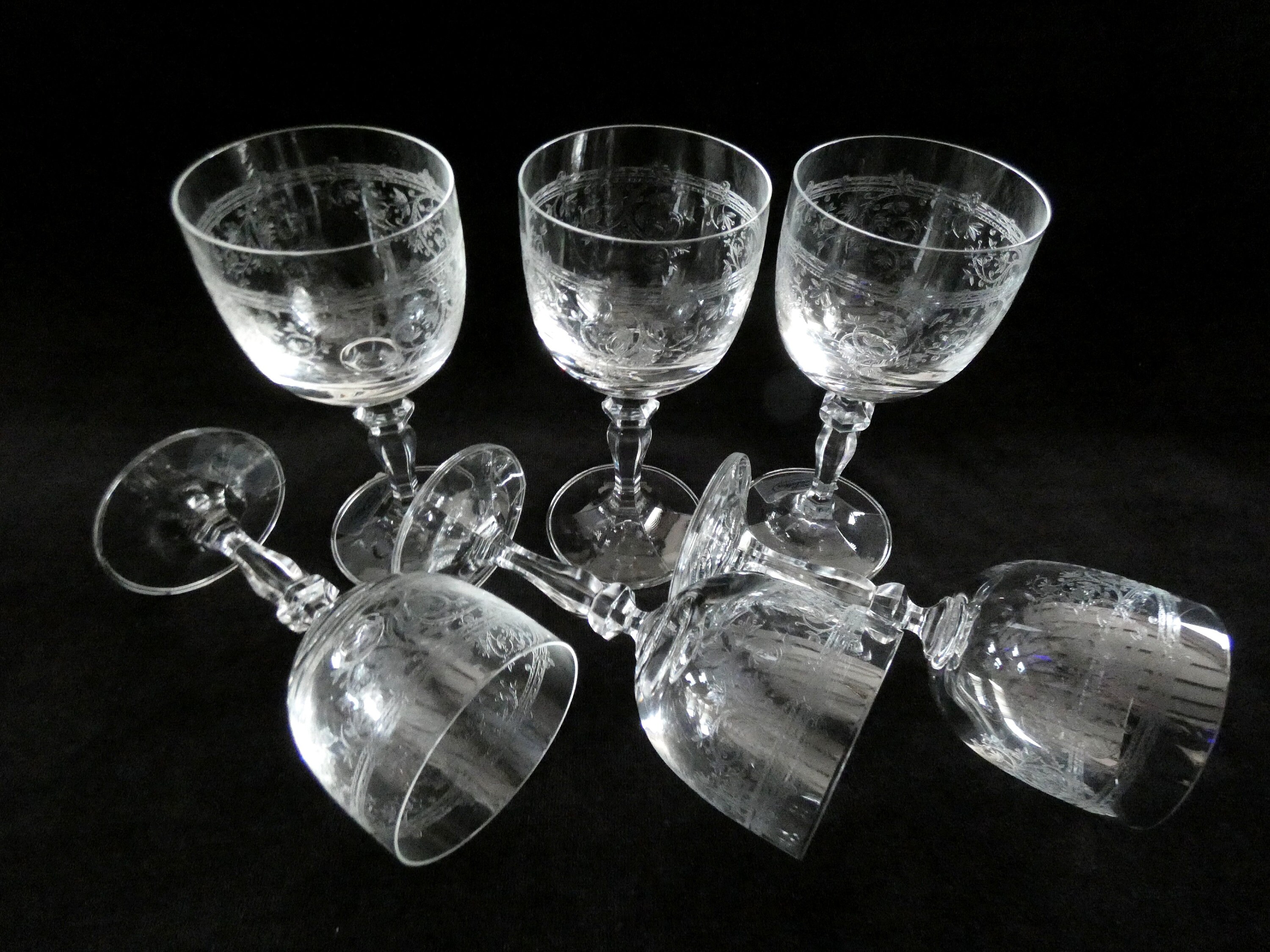 Vintage Etched Crystal Wine Glasses, French Crystal Glasses, Retro Wine