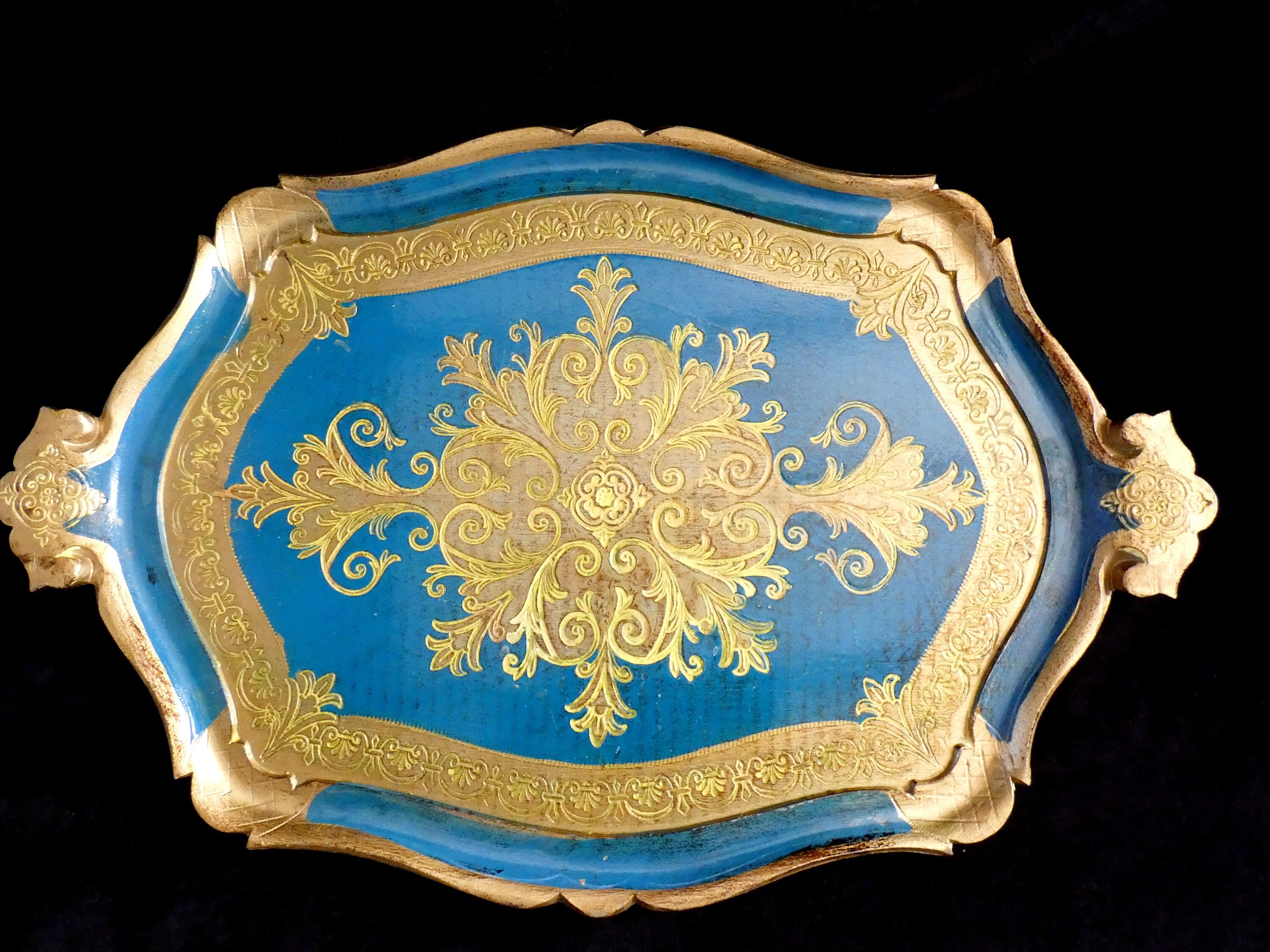 Large Antique Italian Florentine Wooden Tray Turquoise and Gold Platter