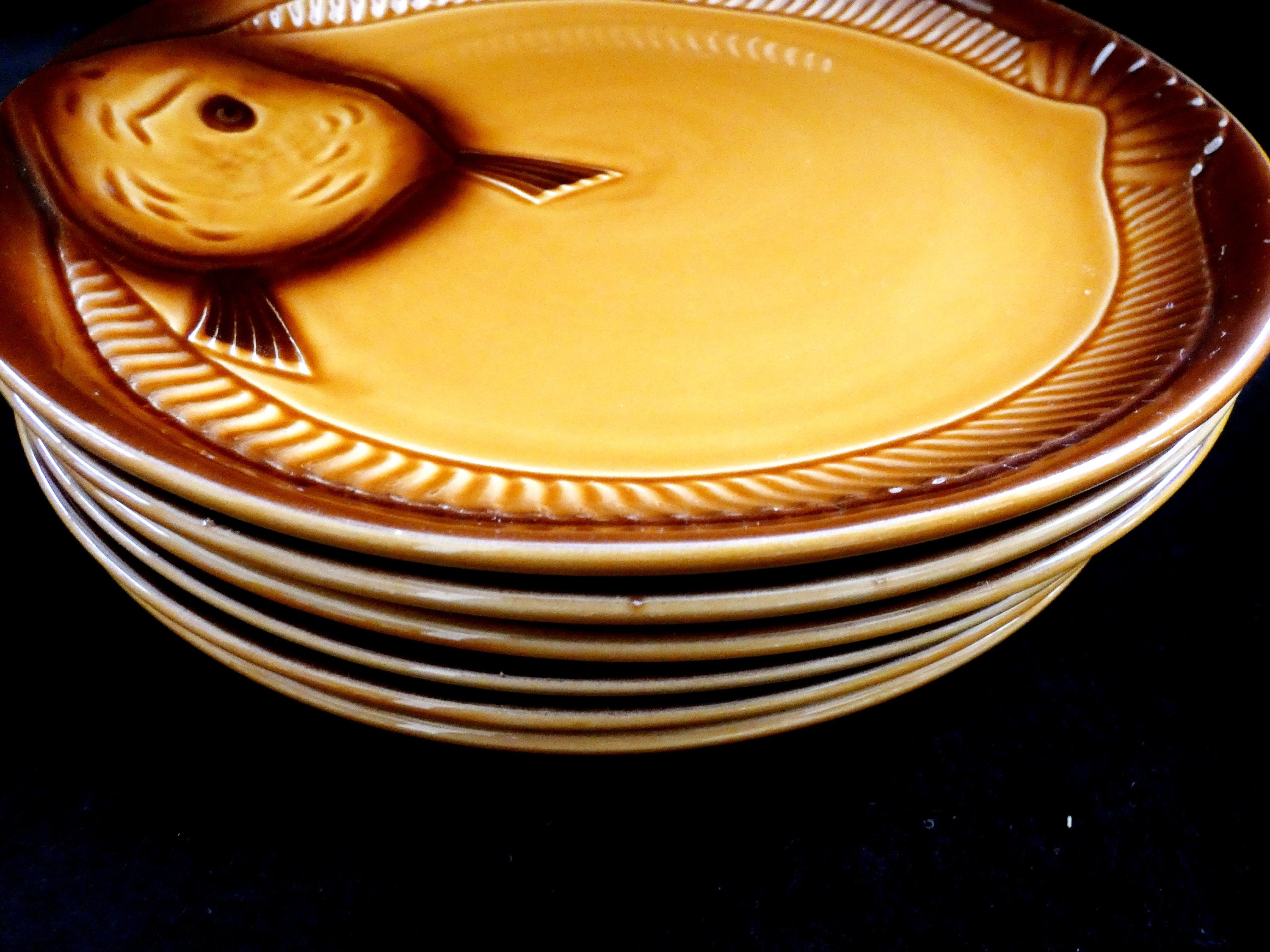 6 French Majolica Fish Plates Moulin Des loups, Orchies Fish Serving