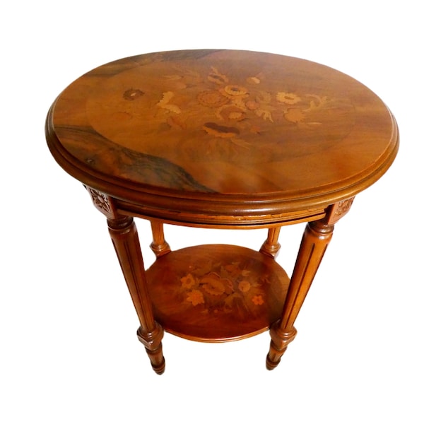 Tavolino laterale vintage italiano con intarsi, tavolino ovale intarsiato, supporto per piante a più livelli Sorrento, comodino a due livelli di metà secolo