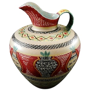 Large ARS Artigiana Deruta Italian Ceramic Pitcher Art Textured Pottery Vintage Fat Lava Mid-Century Modern Italian Hand-Painted Jug Vase
