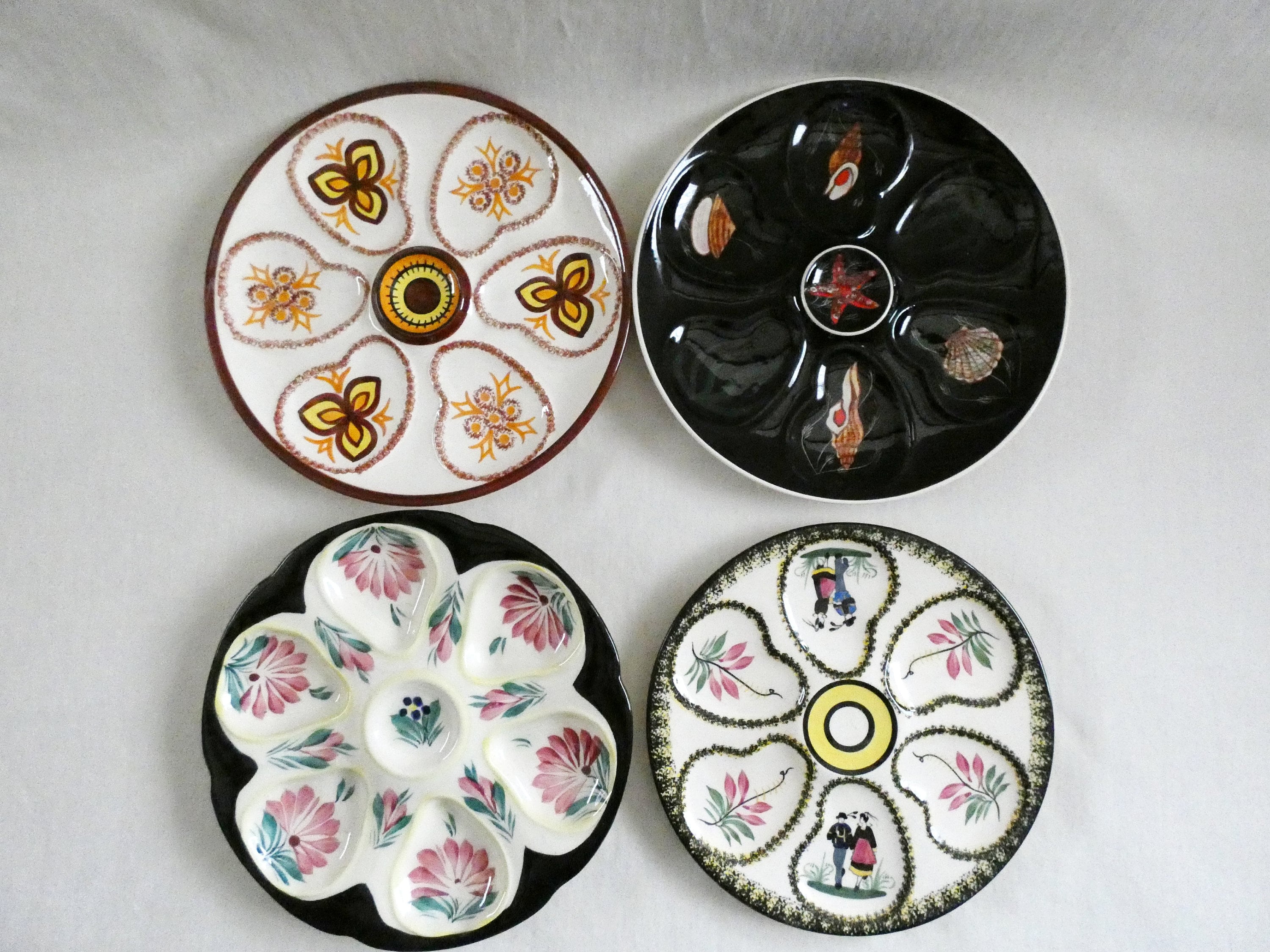 Collection of 4 Quimper Oyster Plates, Vintage Majolica Oyster Platters