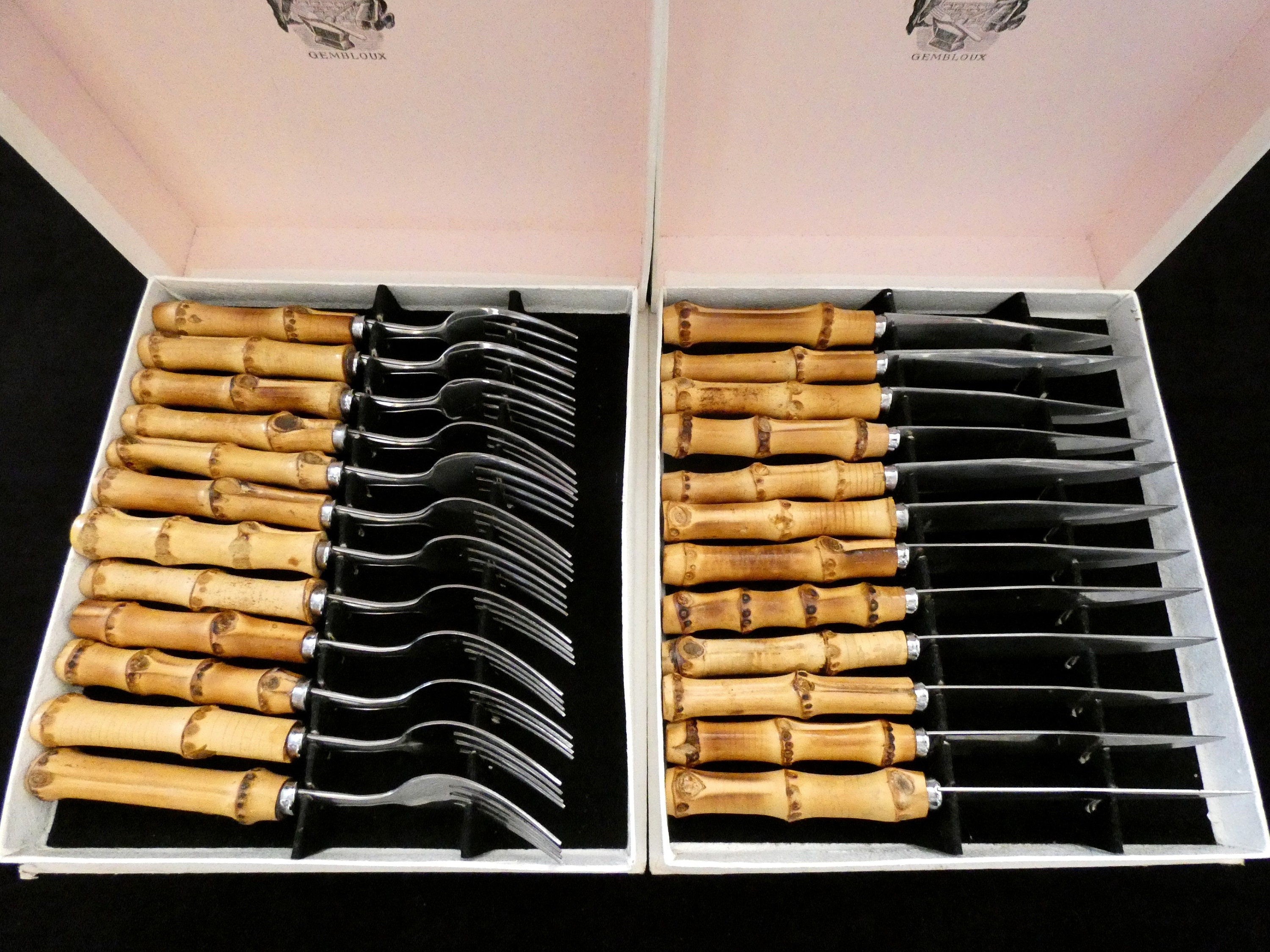 24 Vintage Bamboo Handle Flatware, Bamboo Handle Cutlery Set, Natural