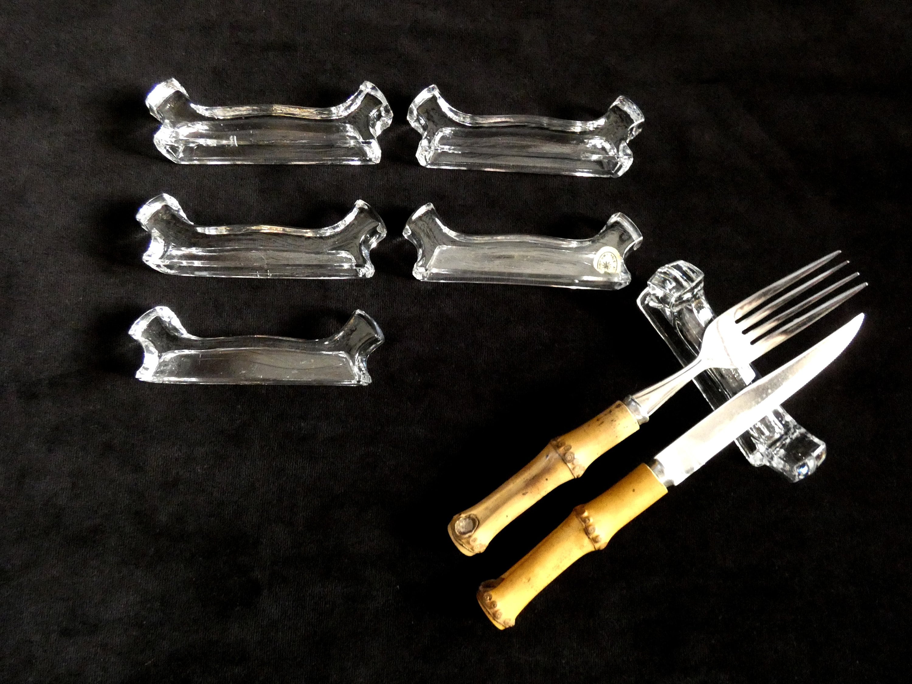 6 Vintage Val St Lambert Crystal Knife Rests, Belgium Knife Holders VSL