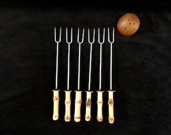 Bamboo Handle Fondue Forks: Handmade Stainless Steel, France 60s