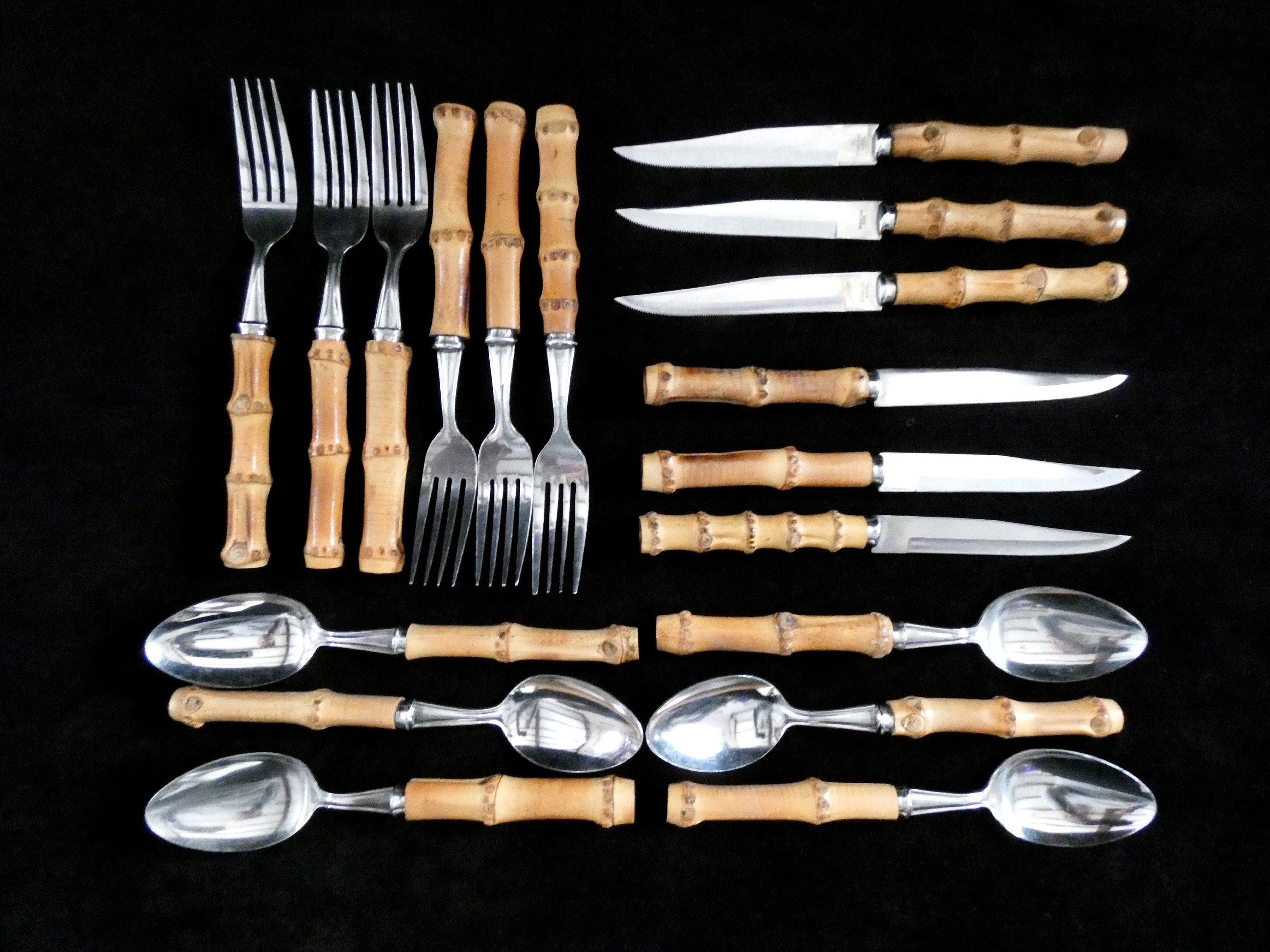 18 Vintage French Bamboo Handle Flatware, Bamboo Handle Cutlery Set, Natural Bamboo and