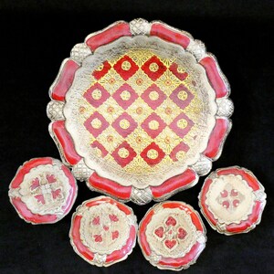 Vintage Italian Serving Tray Red/Gold, Retro Florentine Tray Baroque Style Italy 1960