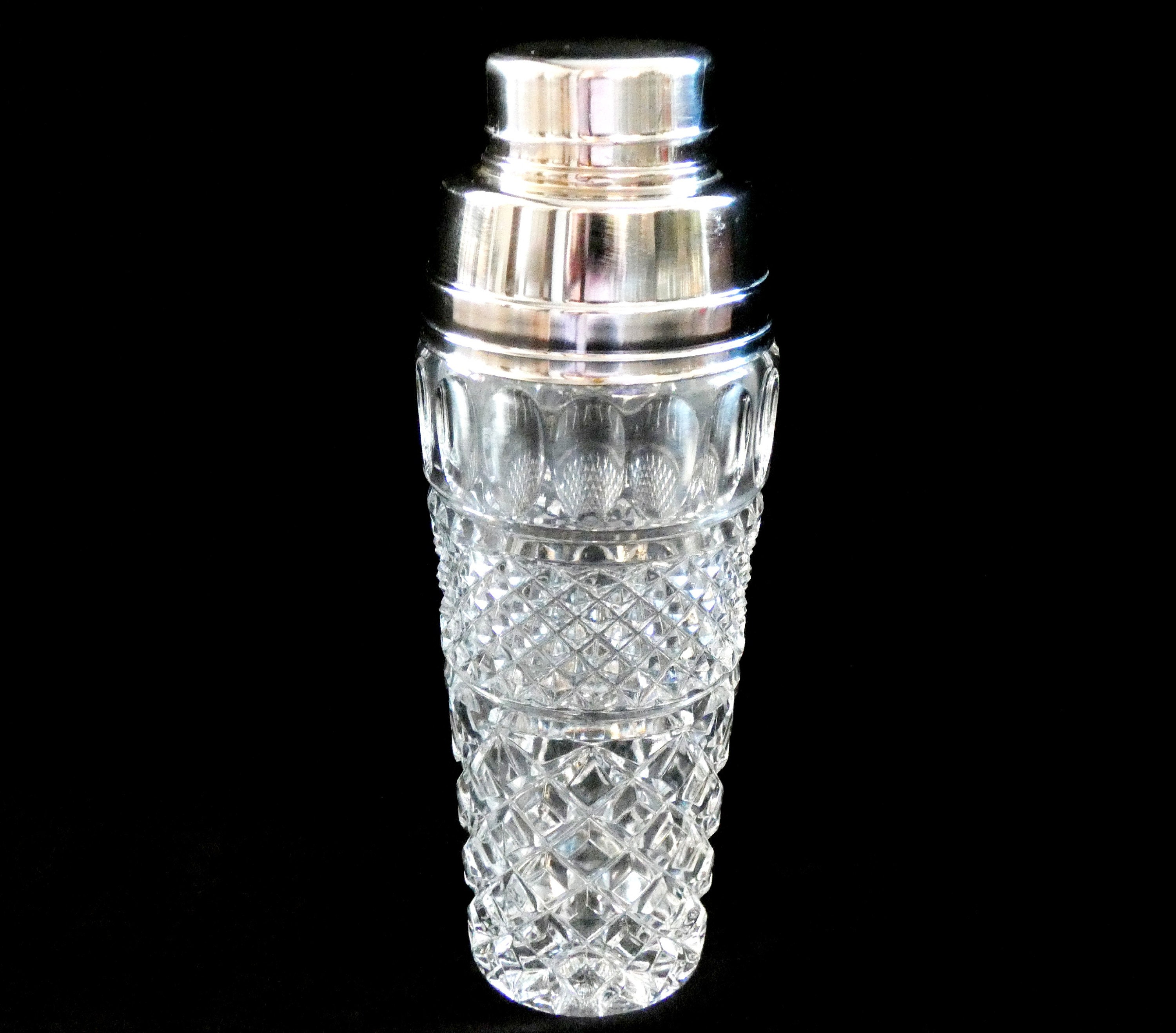 Cocktail Shaker, Vintage Cut Glass Mid Century Martini Shaker Silver Plated Top, 60s Barware