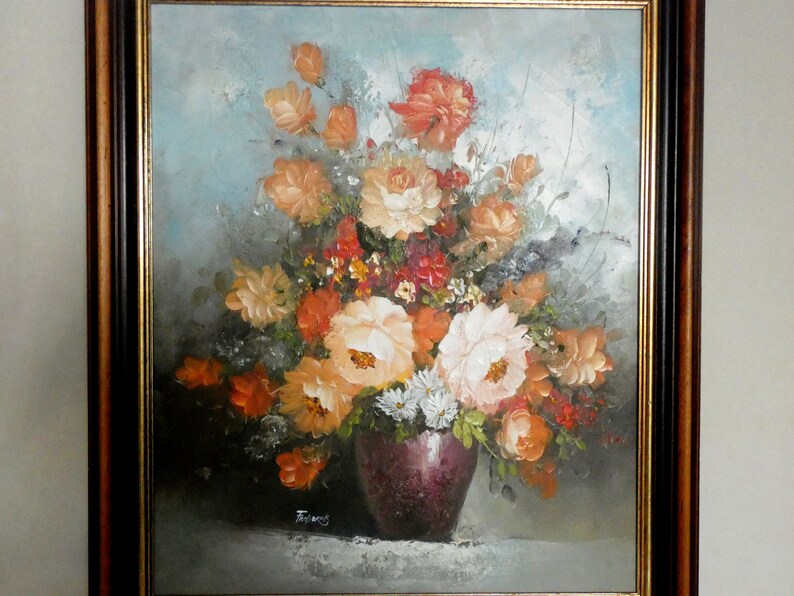 29/25 French Oil Painting on Canvas Signed Vintage Still Life White