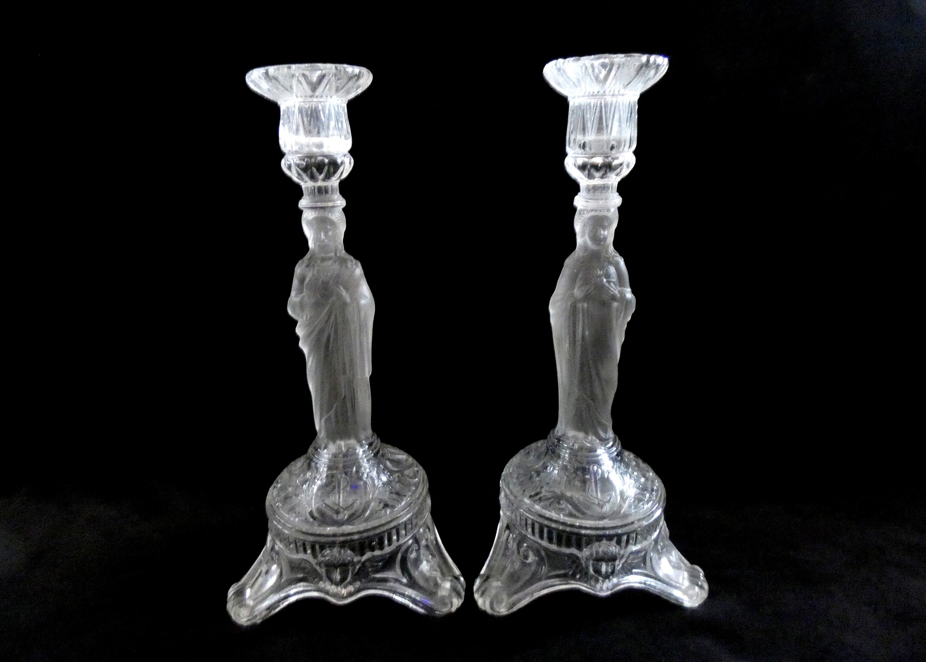2 pcs. Antique French Candle Holders Clear Frosted Glass Jesus Virgin Mary Statue Candlesticks Art Deco Religious Home Decor