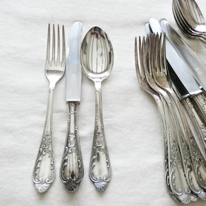 Cubiertos antiguos de Solingen bañados en plata: estilo Luis XVI/barroco, juego de cubiertos alemanes.