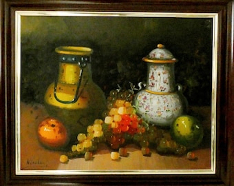 Original French Still Life Oil Painting Vintage Canvas Picture Coffee Jug Pitcher Apples Pears Grapes Antique French Kitchen Painting