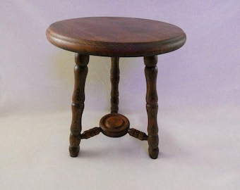 Vintage French Tripod Stool, Small Side Table, Vintage Wooden Plant Stand, Dark Brown Milking Stool