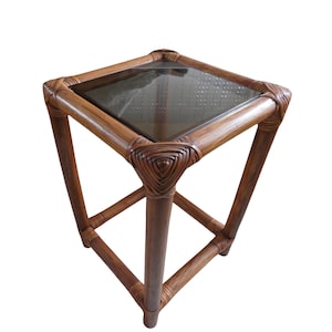 Vintage French Bamboo Side Table Plant Stand Square Rattan Smoked Glass Top Vase Stand Statue Display