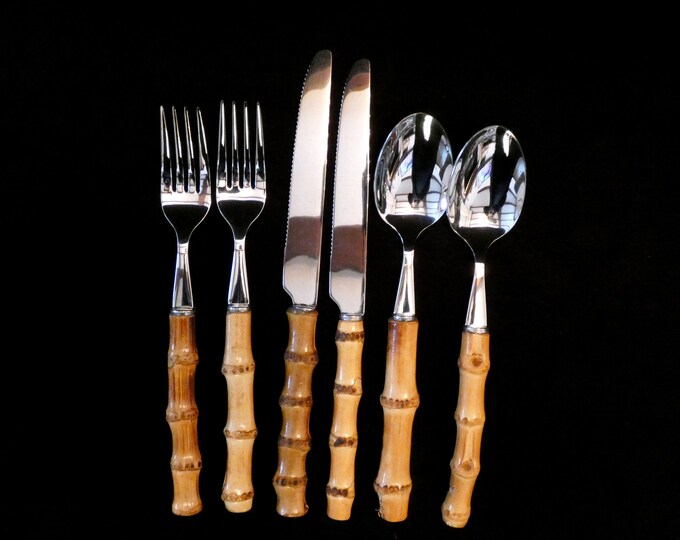 Vintage Bamboo Handle Flatware Set, Natural Bamboo Handle Cutlery and Stainless Steel , 6 Pieces
