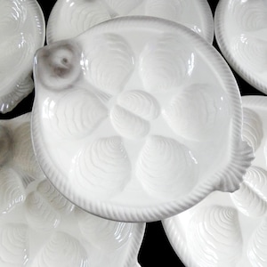6 Vintage Waechtersbach Oyster Plates West Germany Fish Shaped White Grey Ceramic Set Hand Painted Seafood Plates 50s