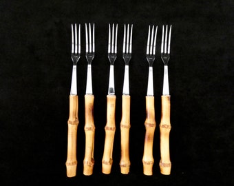Vintage Bamboo Fondue Forks – French Stainless Steel, Set of 6