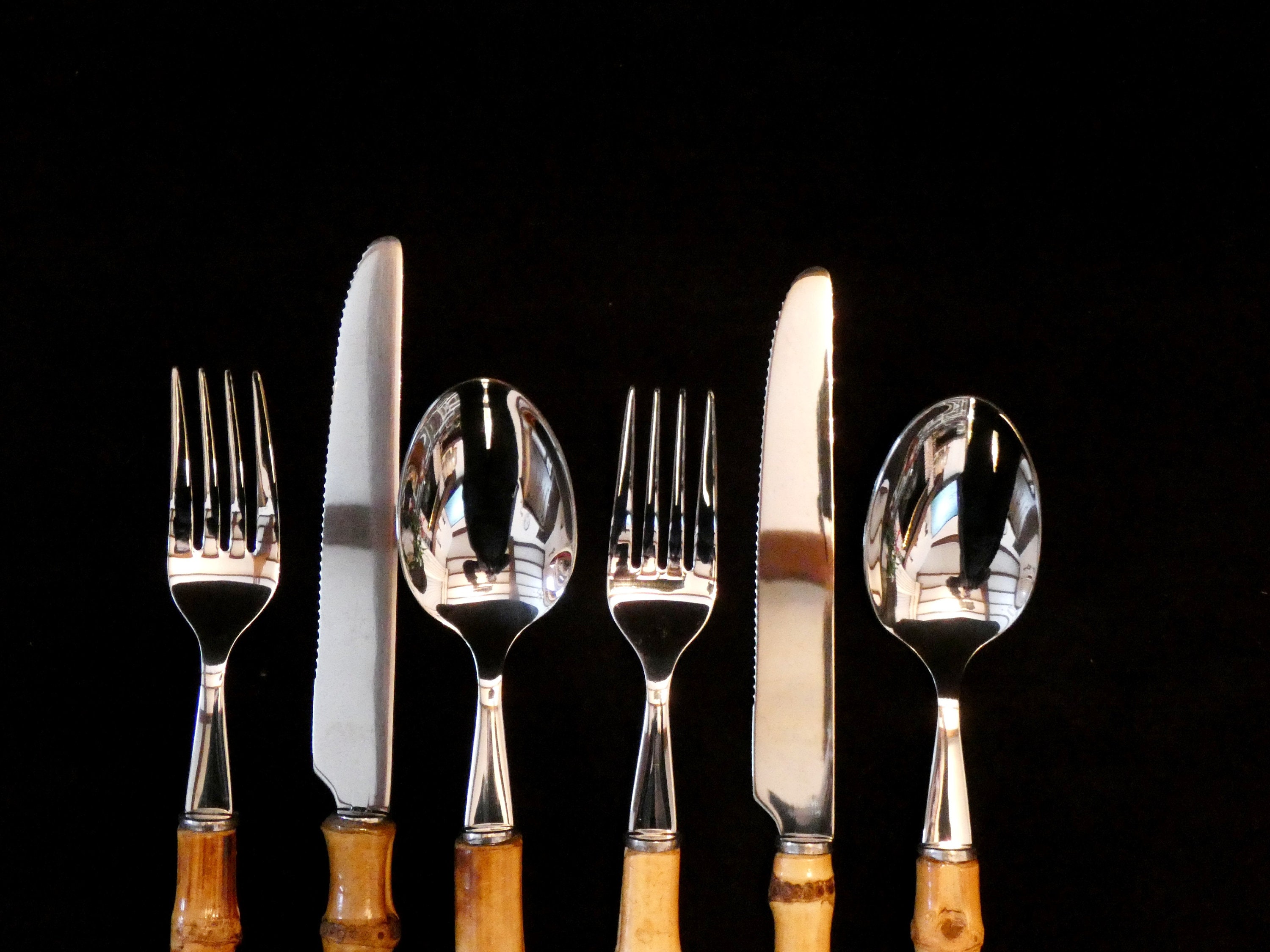 Vintage Bamboo Handle Flatware Set, Natural Bamboo Handle Cutlery and