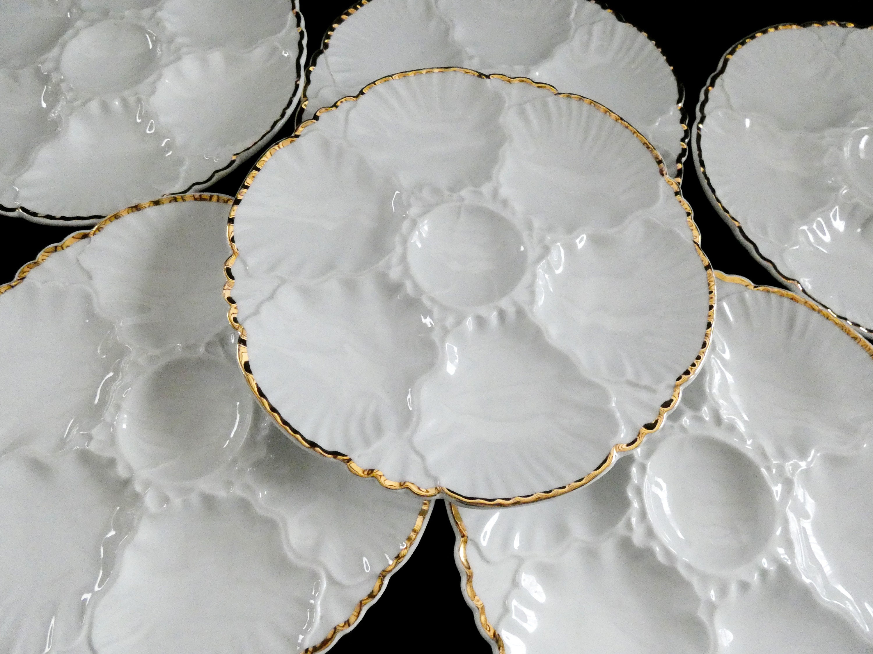 6 Porcelaine de Baudour Oyster Plates, Vintage Belgian White Oyster