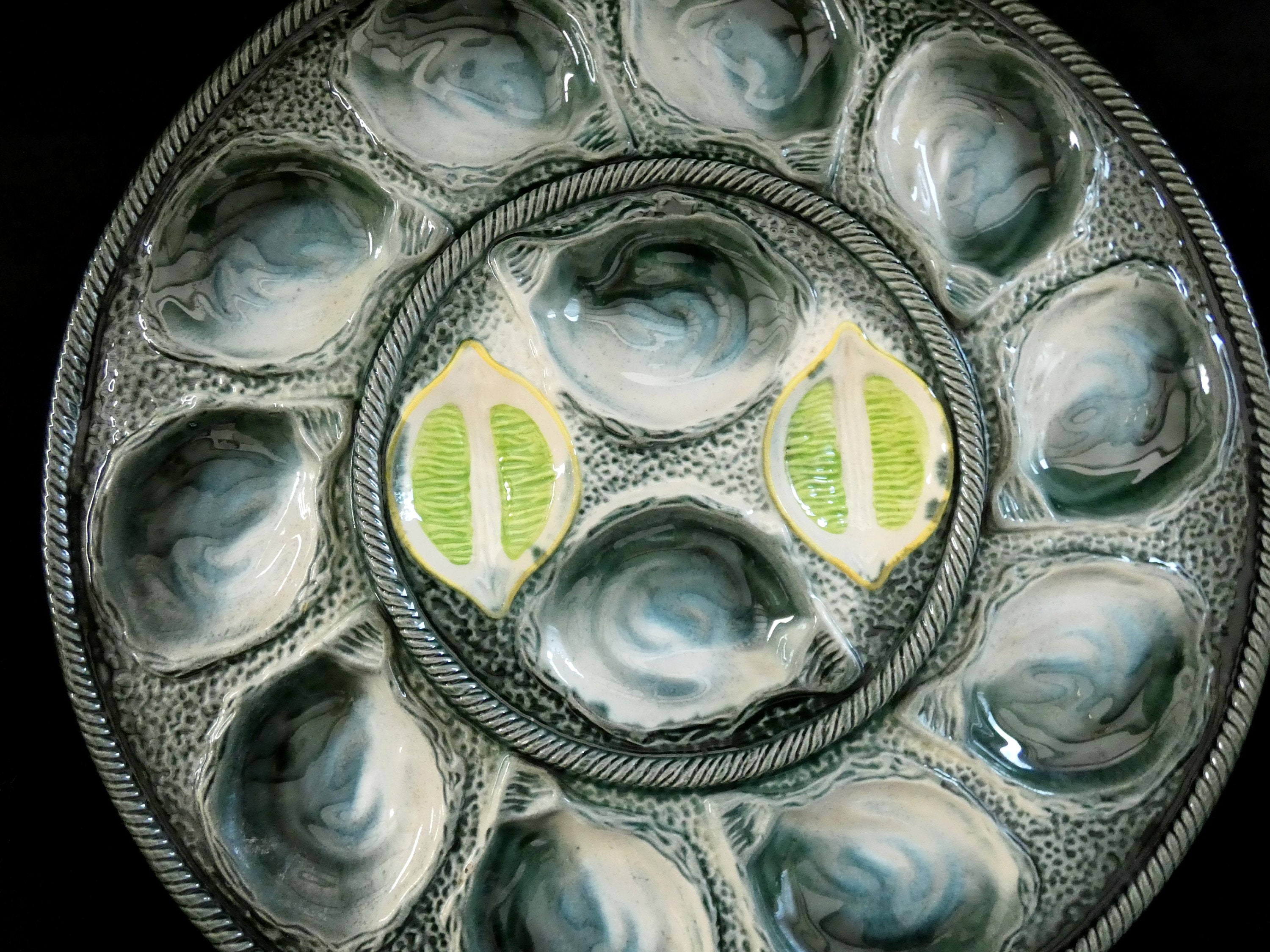 Large St Clement Oyster Plate, Vintage French Majolica Oyster Platter