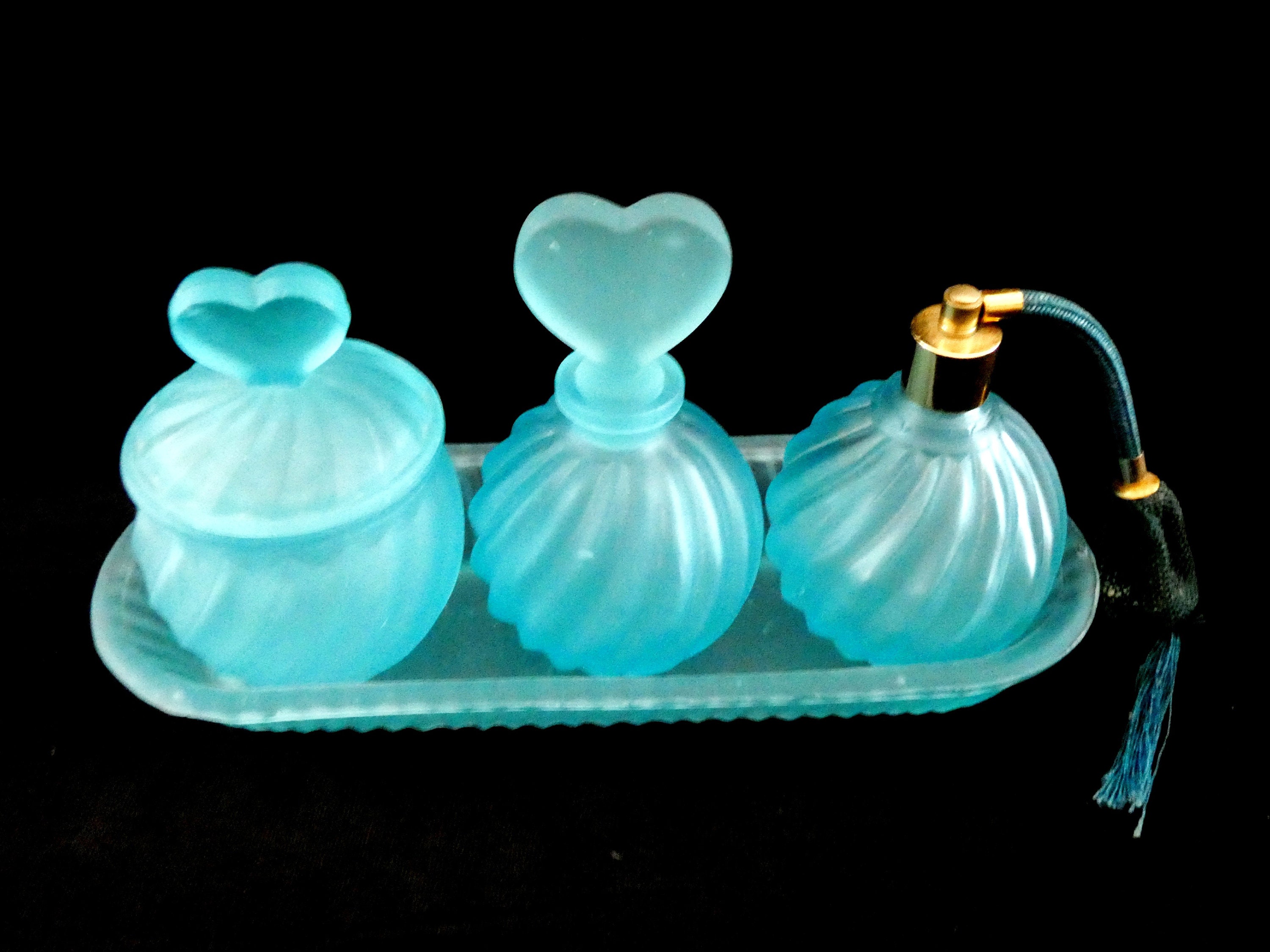 French Turquoise Glass Vanity Set, Vintage Blue Bathroom Set Frosted